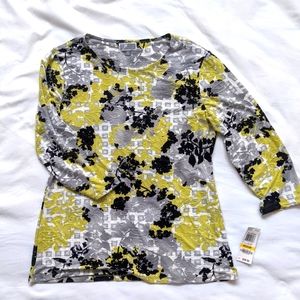 JM Collection Jacquard Three-Quarter-Sleeve Tunic Lime Bloom Blocks Floral